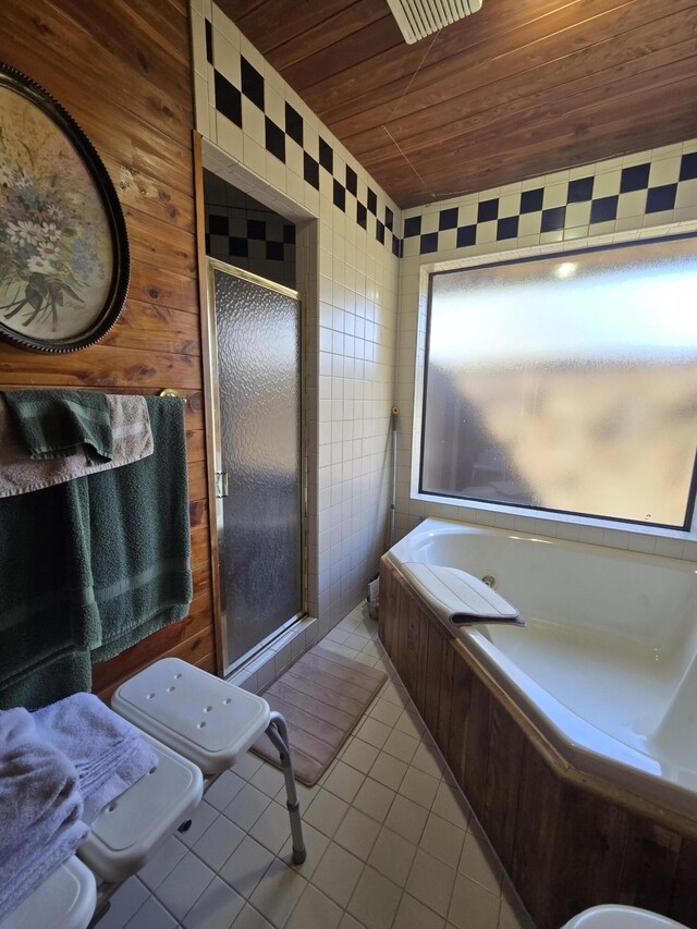 full bath with a bidet, a whirlpool tub, tile patterned floors, a shower stall, and wooden ceiling