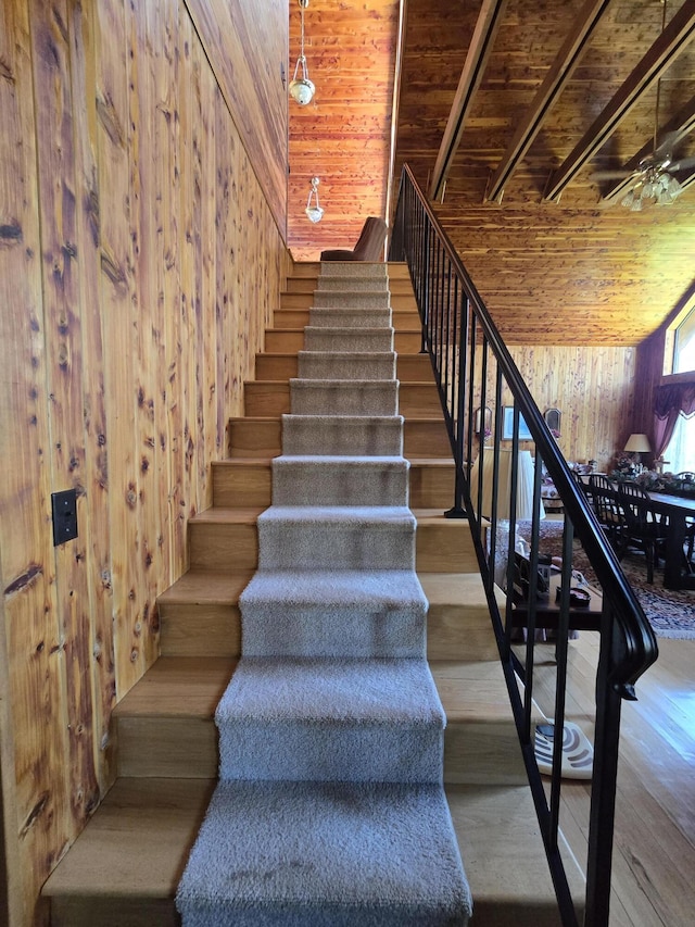 stairs featuring wood ceiling, wood finished floors, and wood walls