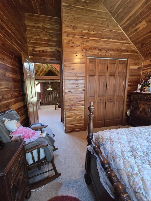 bedroom featuring wood walls, carpet flooring, wood ceiling, and lofted ceiling