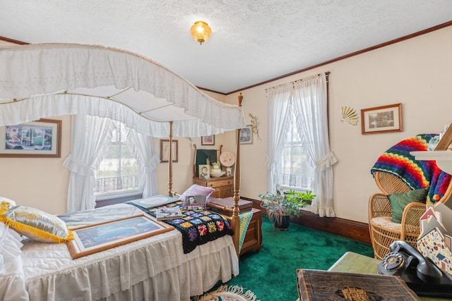 carpeted bedroom featuring a textured ceiling and multiple windows