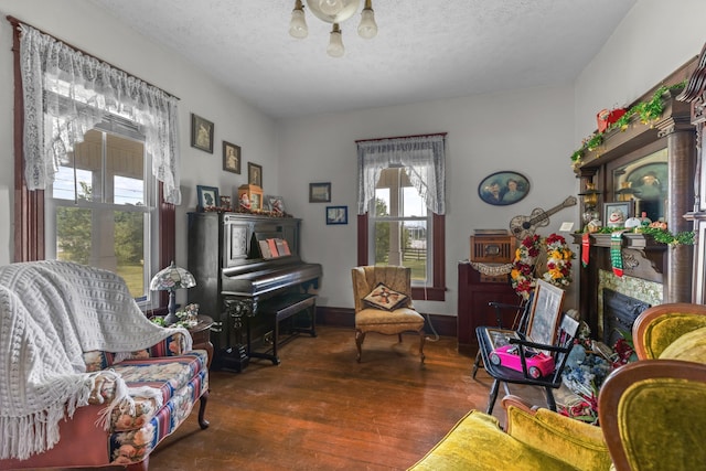 sitting room with dark hardwood / wood-style floors and a textured ceiling