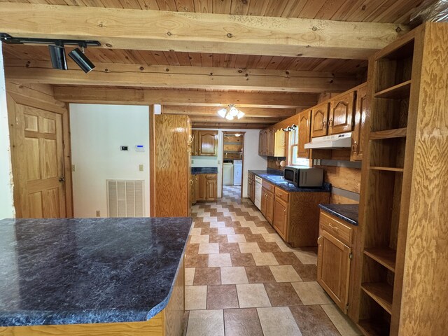 453 Trentham Hollow Rd, Parrottsville, TN 37843 - kitchen with a wood ceiling with exposed beams, open shelves, stainless steel microwave, under cabinet range hood, and dark countertops
