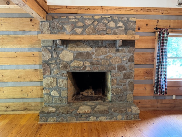 453 Trentham Hollow Rd, Parrottsville, TN 37843 - detailed view of wood finished floors, wooden walls, and a stone fireplace