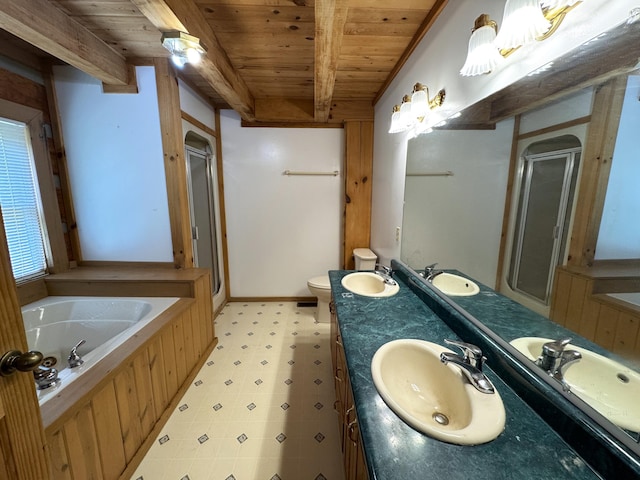 453 Trentham Hollow Rd, Parrottsville, TN 37843 - full bath featuring a wooden ceiling with exposed beams, tile patterned floors, a stall shower, double vanity, and a bath
