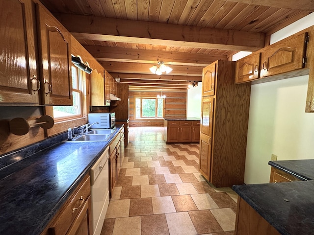 453 Trentham Hollow Rd, Parrottsville, TN 37843 - kitchen with a wooden ceiling with exposed beams, dishwasher, dark countertops, under cabinet range hood, and brown cabinets