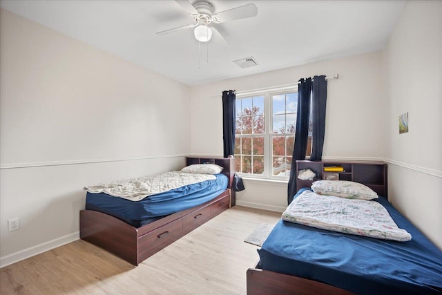 bedroom featuring ceiling fan and light wood-type flooring