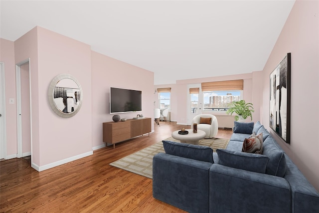 living room with hardwood / wood-style floors and lofted ceiling