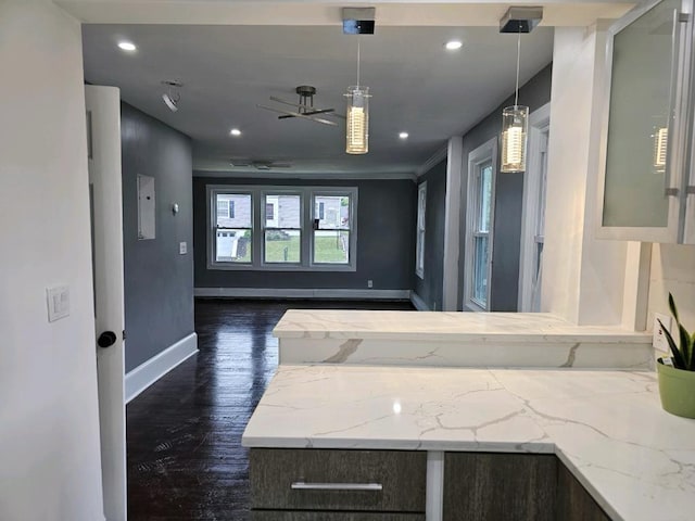 kitchen with decorative light fixtures, ceiling fan, light stone counters, dark brown cabinets, and dark hardwood / wood-style flooring