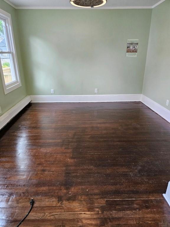 unfurnished room with ornamental molding and dark wood-type flooring