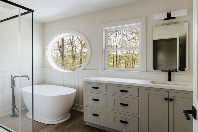 bathroom with a tub to relax in, a wealth of natural light, vanity, and wood-type flooring