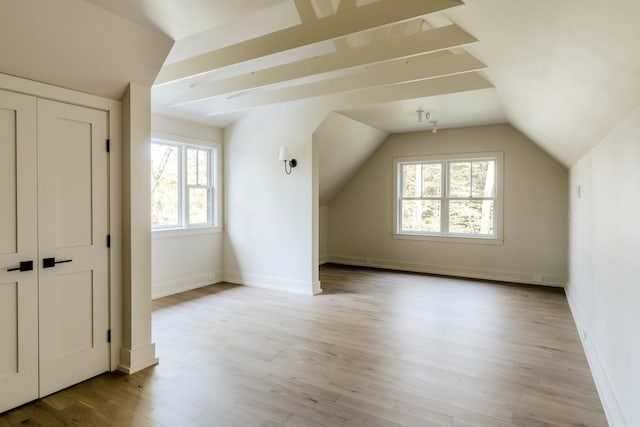 additional living space featuring light hardwood / wood-style floors, plenty of natural light, and lofted ceiling