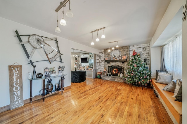 living room with a fireplace and hardwood / wood-style flooring