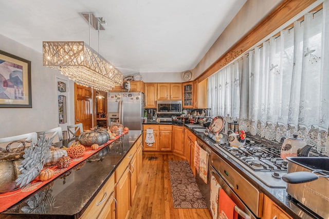 kitchen featuring pendant lighting, stainless steel appliances, plenty of natural light, and light wood-type flooring