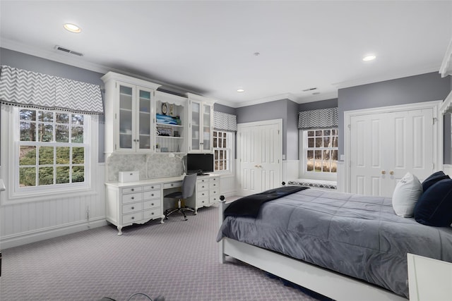 carpeted bedroom featuring crown molding, multiple windows, and multiple closets