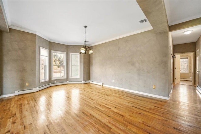 unfurnished dining area featuring light wood-type flooring, a baseboard radiator, crown molding, and a notable chandelier