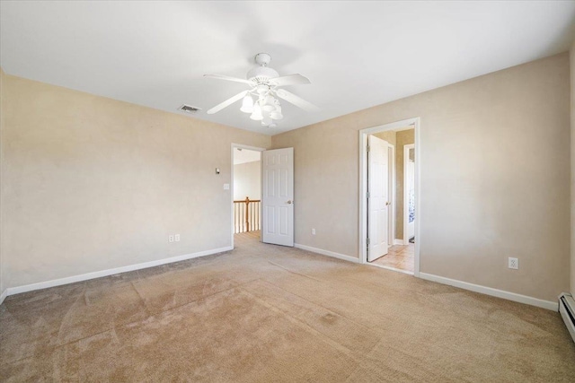 unfurnished bedroom featuring ceiling fan, light colored carpet, and a baseboard radiator