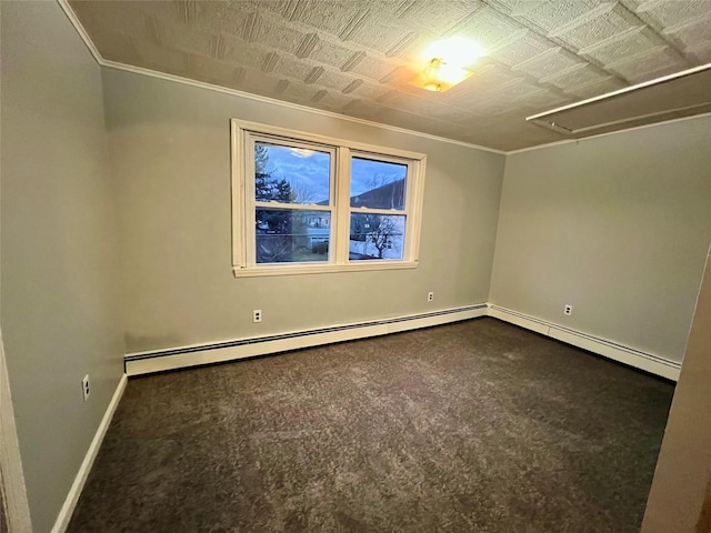 spare room featuring crown molding, carpet, and a baseboard radiator