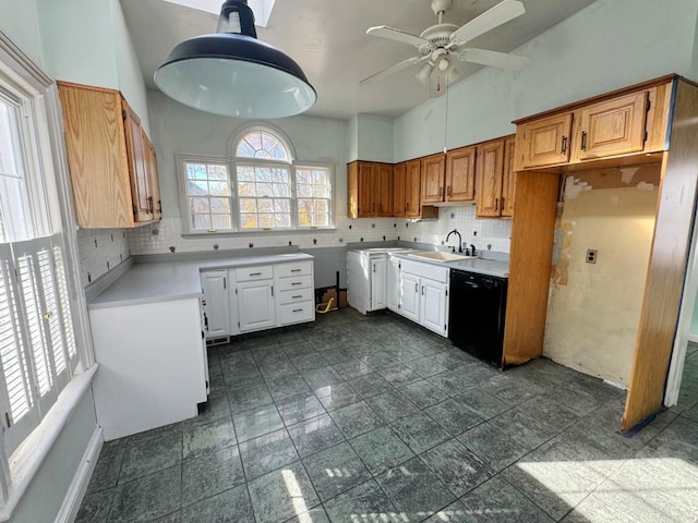 kitchen featuring dishwasher, ceiling fan, decorative backsplash, and sink