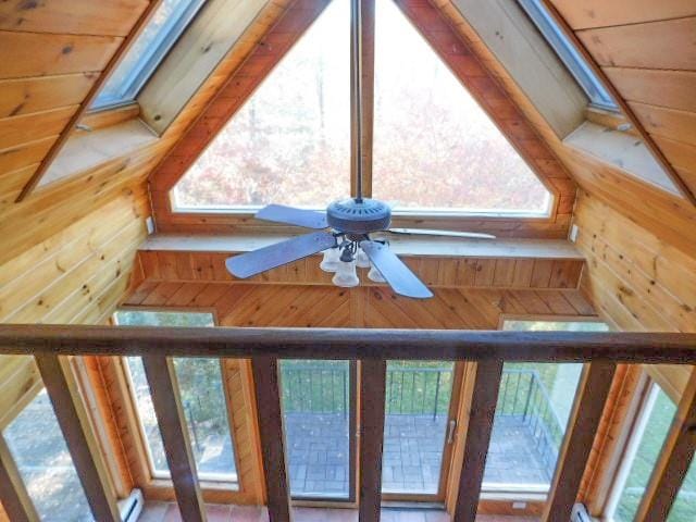 interior details with ceiling fan and wood walls