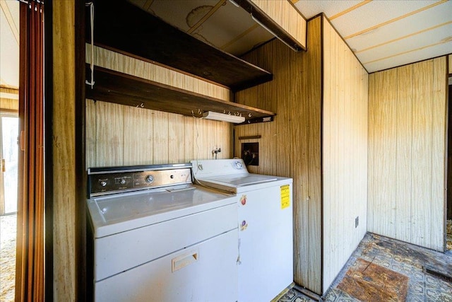 40 Collins Rd, Eldred, NY 12732 - washroom featuring separate washer and dryer and wood walls