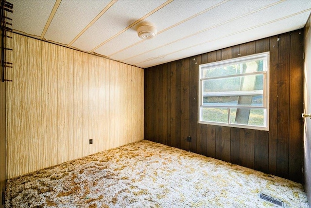 unfurnished room with carpet and wooden walls