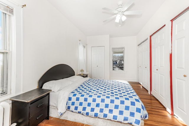 bedroom featuring two closets, dark hardwood / wood-style floors, multiple windows, and ceiling fan