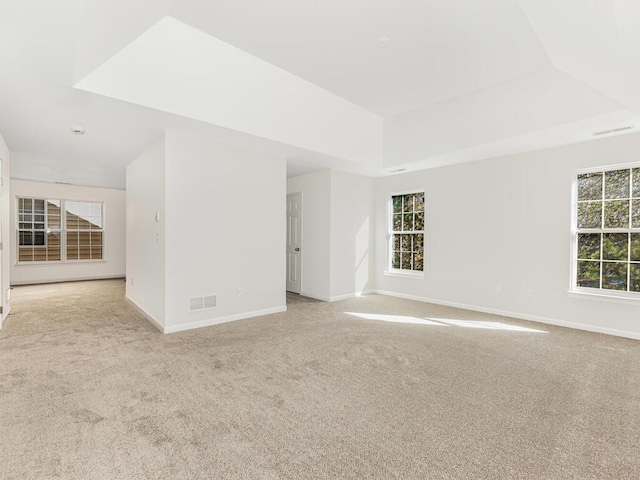 unfurnished room featuring a tray ceiling and light carpet