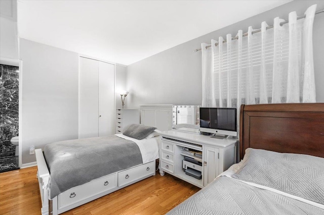 bedroom featuring light hardwood / wood-style floors, connected bathroom, and a closet