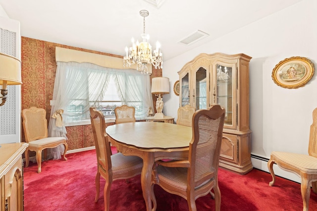 dining room featuring dark carpet and a notable chandelier