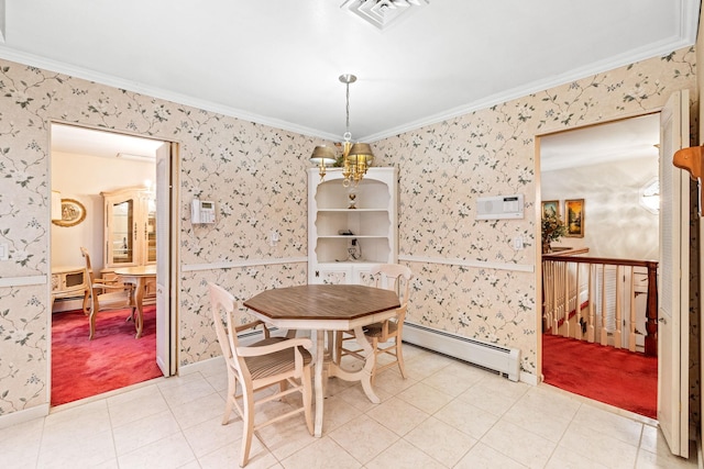 dining area featuring crown molding and a baseboard radiator