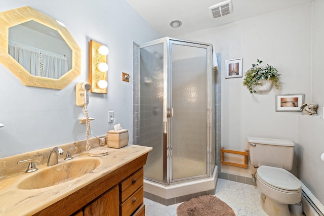 bathroom featuring tile patterned flooring, toilet, a shower with shower door, and baseboard heating