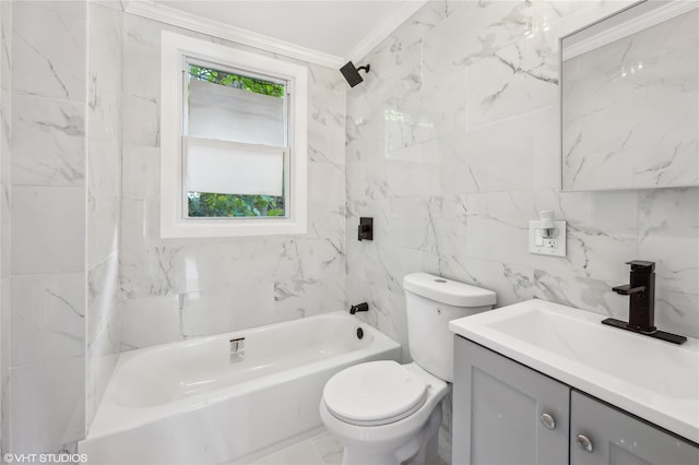 full bathroom with ornamental molding, vanity, tile walls, and a healthy amount of sunlight