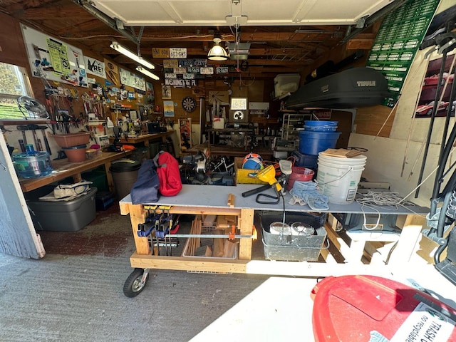 garage with a workshop area