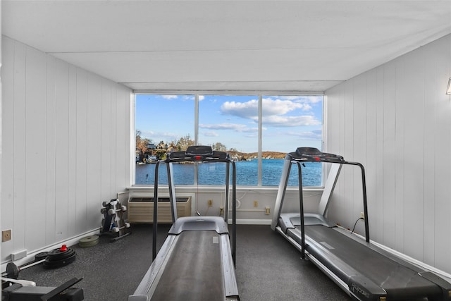 workout room featuring a water view and wooden walls