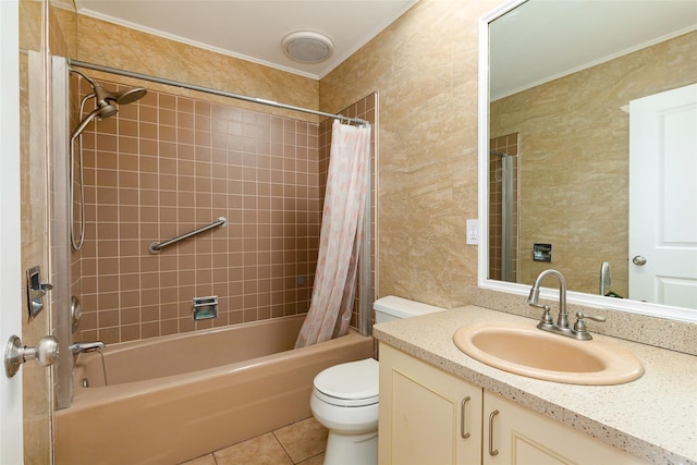 full bathroom with tile patterned floors, vanity, toilet, and shower / tub combo