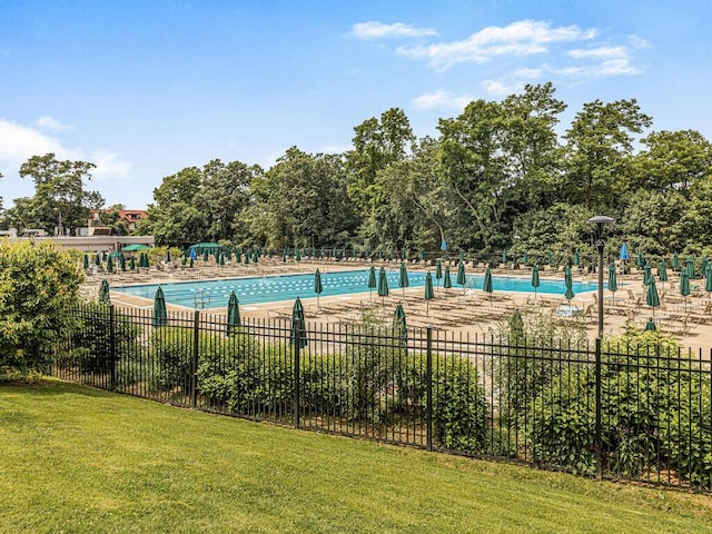 view of pool with a yard