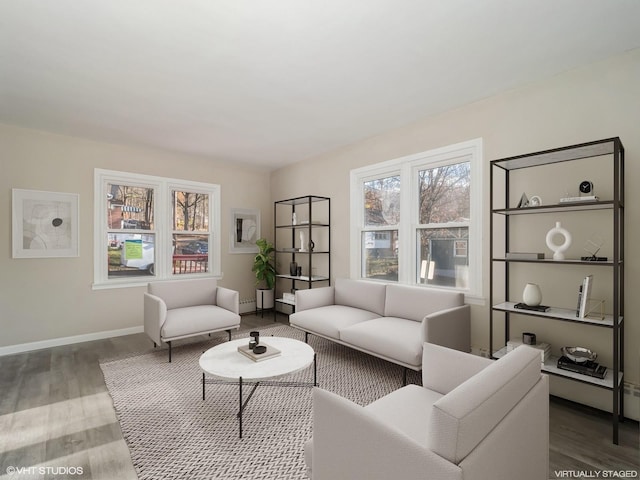 living room featuring wood-type flooring and a baseboard heating unit