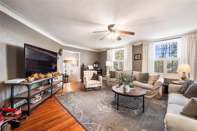 living room featuring hardwood / wood-style floors, ceiling fan, a healthy amount of sunlight, and ornamental molding