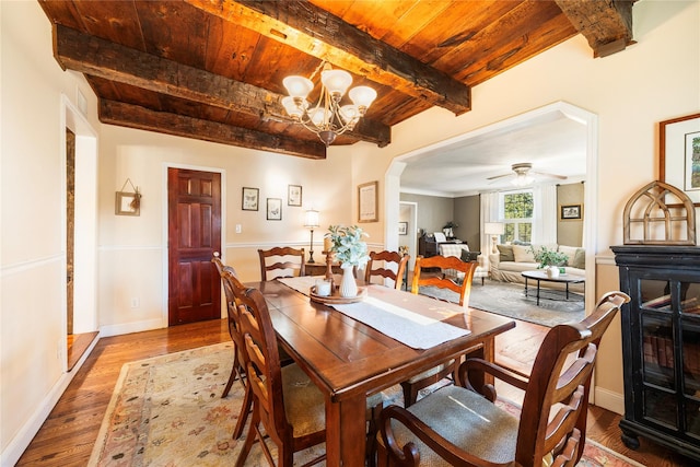 dining space featuring beamed ceiling, ceiling fan with notable chandelier, wood-type flooring, and wooden ceiling