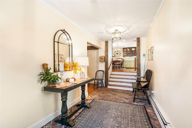 hallway featuring ornamental molding and a baseboard heating unit