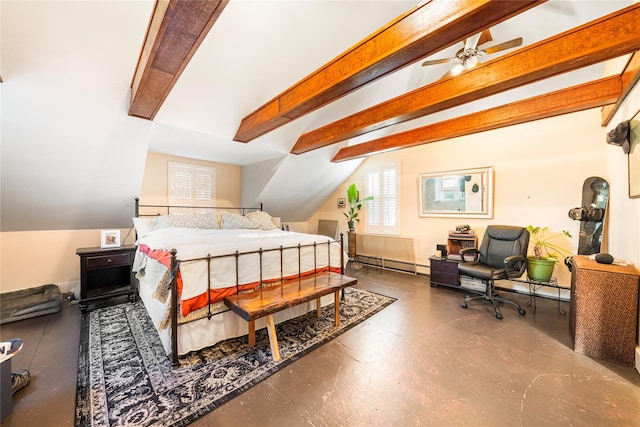 bedroom featuring ceiling fan, concrete floors, lofted ceiling with beams, and a baseboard heating unit