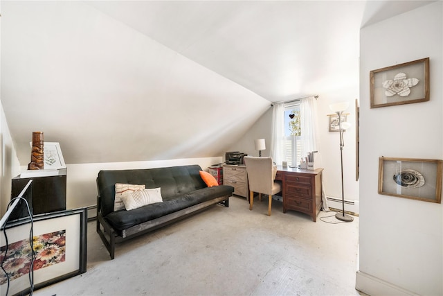 home office featuring baseboard heating and lofted ceiling