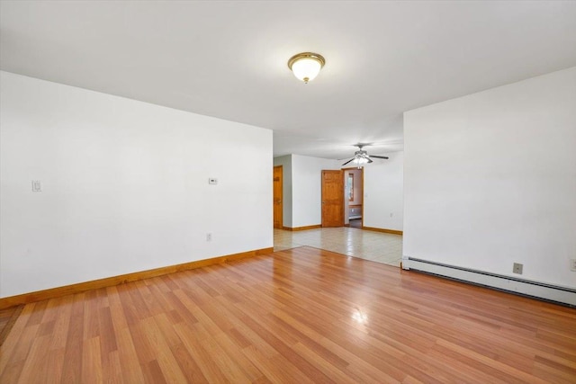 spare room with ceiling fan, light hardwood / wood-style flooring, and a baseboard radiator