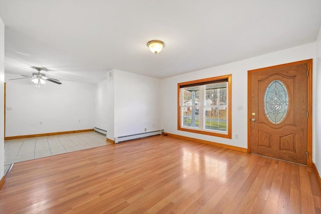 foyer featuring light hardwood / wood-style floors, baseboard heating, and ceiling fan