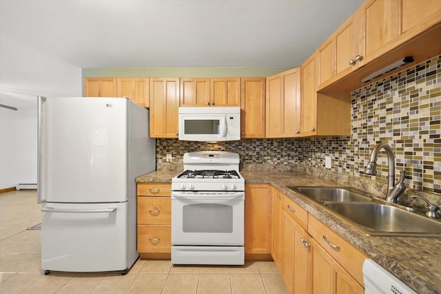 kitchen with sink, light brown cabinets, backsplash, white appliances, and light tile patterned floors