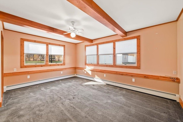 carpeted spare room with beamed ceiling, baseboard heating, and ceiling fan