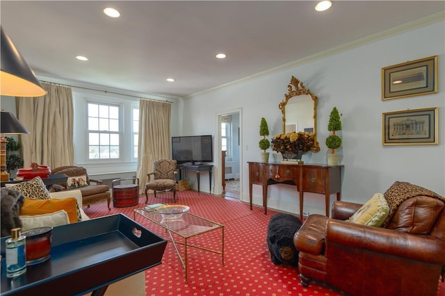 living room with crown molding