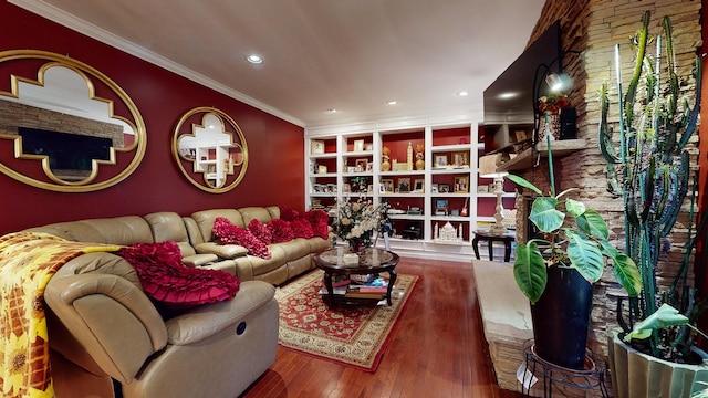 living room featuring ornamental molding, wood finished floors, and recessed lighting