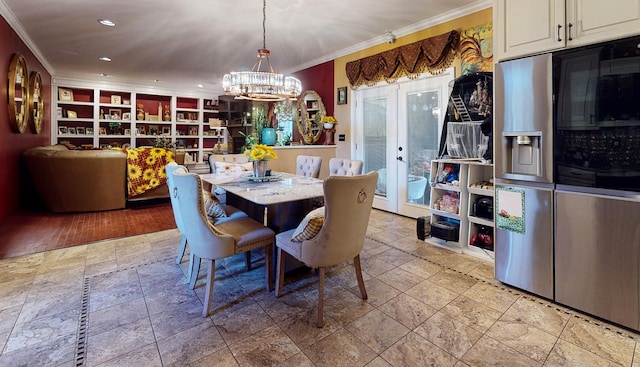 dining area featuring recessed lighting, french doors, crown molding, and an inviting chandelier