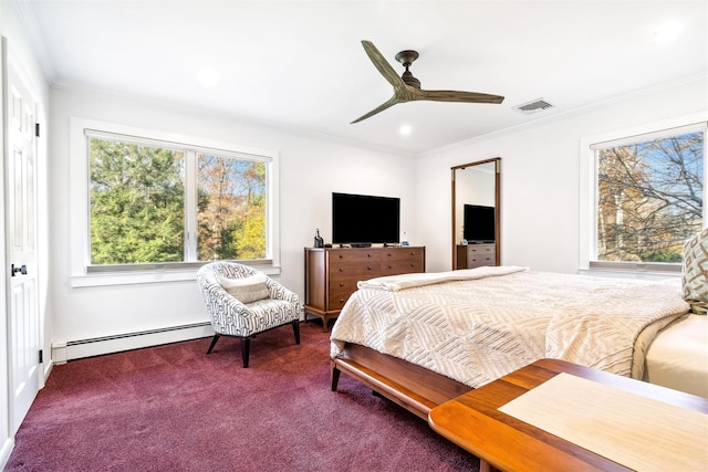 bedroom featuring ceiling fan, carpet floors, baseboard heating, and ornamental molding